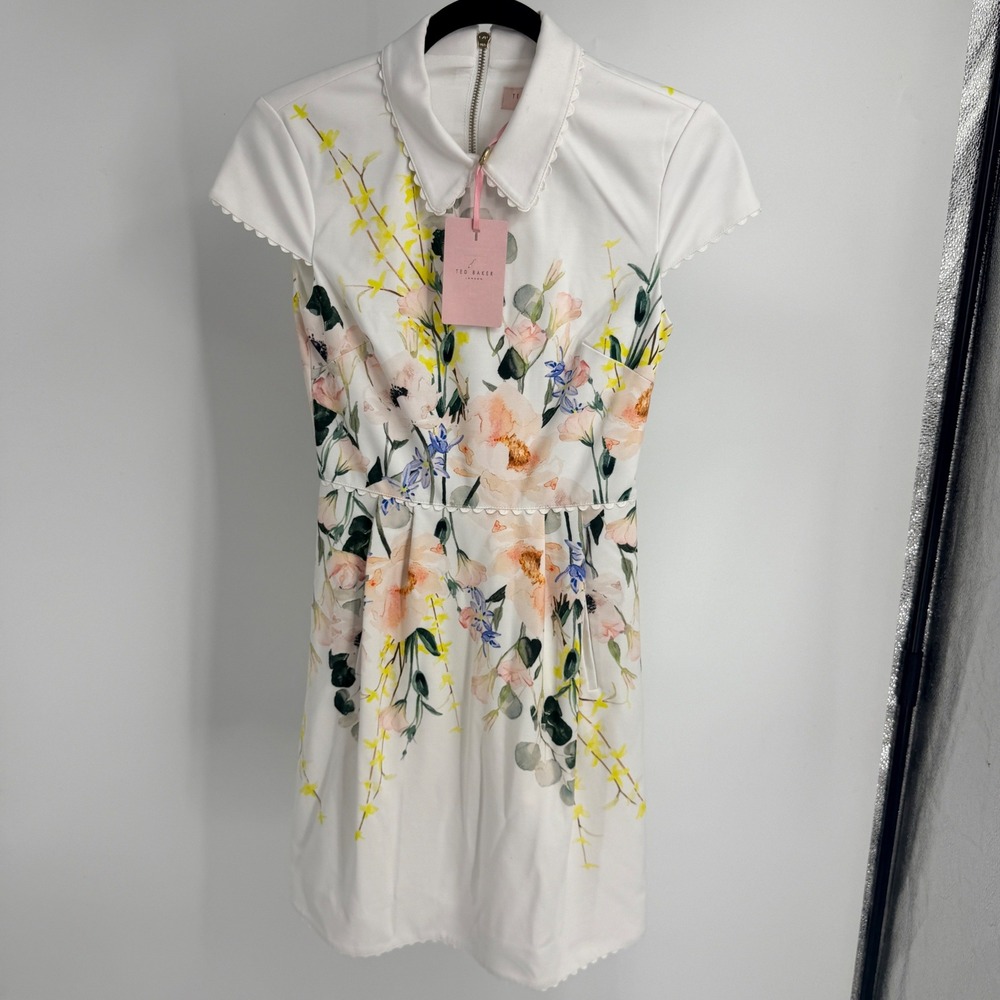 Ted Baker London Charsy Floral Scallop Trim Skater Dress White Size 0 US 2 NWT